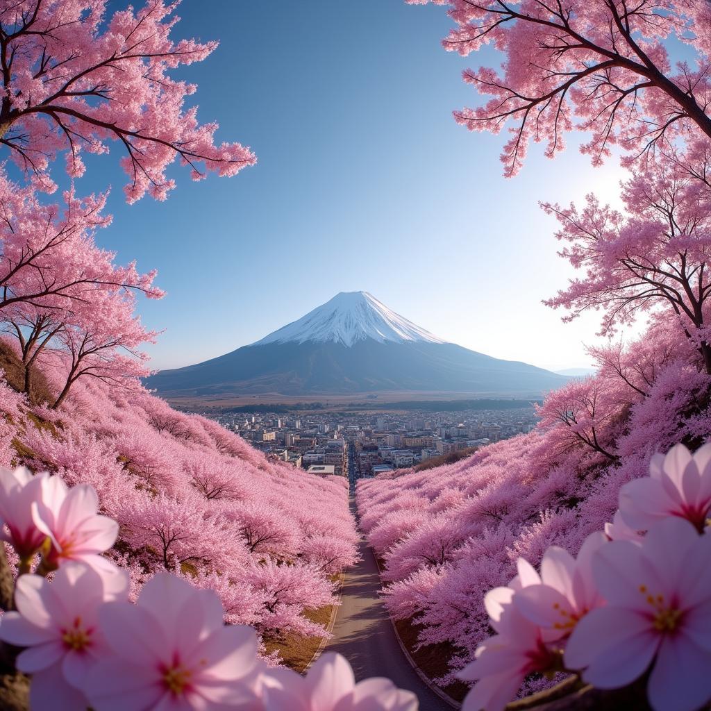 Stunning 360-degree panorama of Mount Fuji with cherry blossoms in full bloom in the foreground, capturing the iconic beauty of Japan.