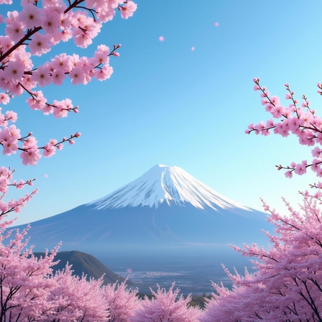 Mount Fuji with Cherry Blossoms in foreground