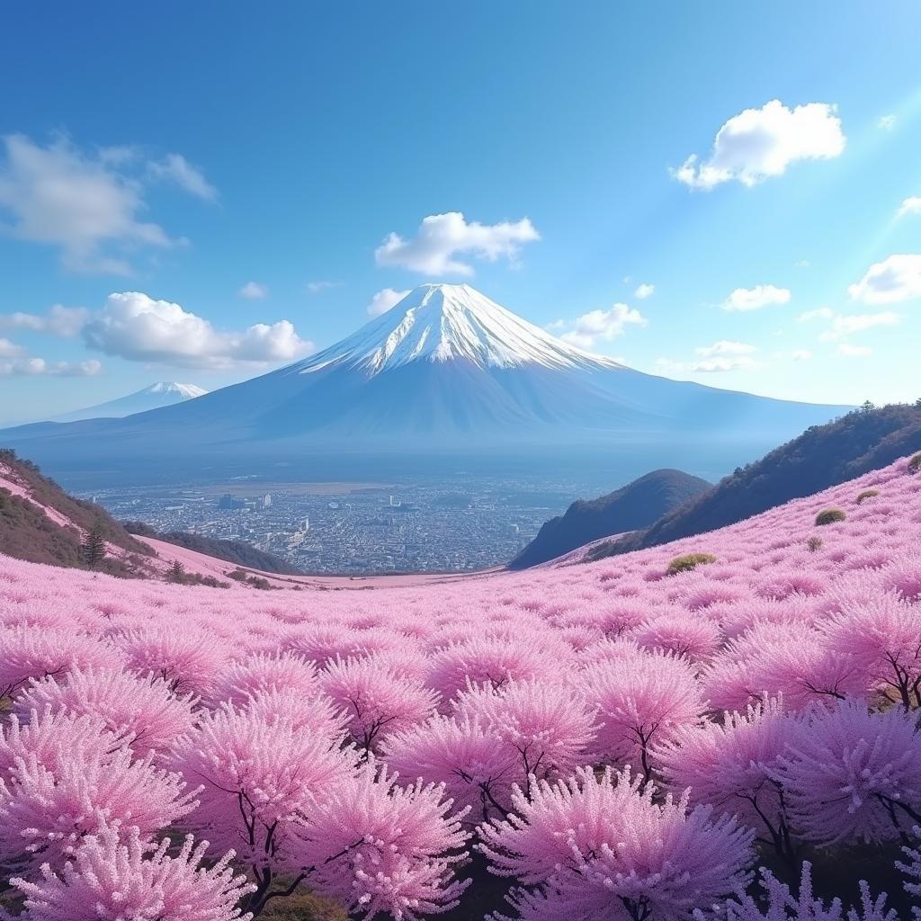 Mount Fuji rises above a field of cherry blossoms