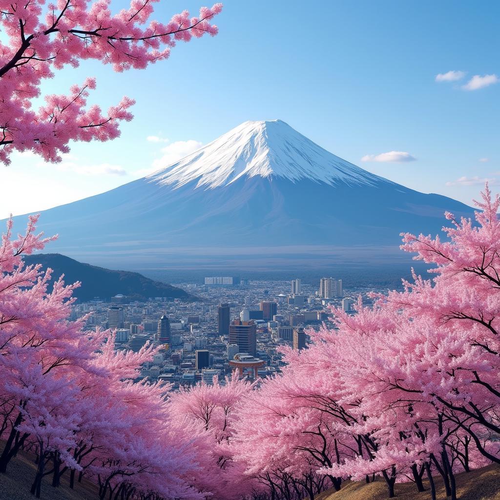 Mount Fuji with cherry blossoms in the foreground.