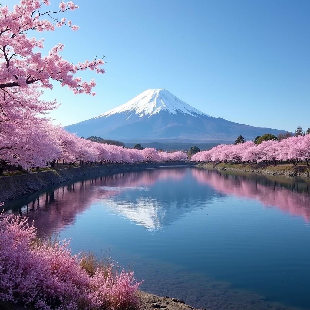 Majestic Mount Fuji in Spring: Witness the iconic Mount Fuji framed by delicate cherry blossoms in full bloom, a quintessential Japanese scene.