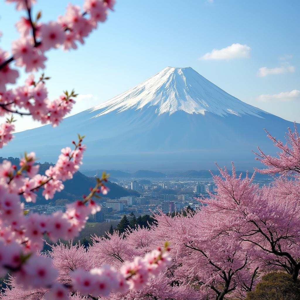 Mount Fuji with cherry blossoms in the foreground