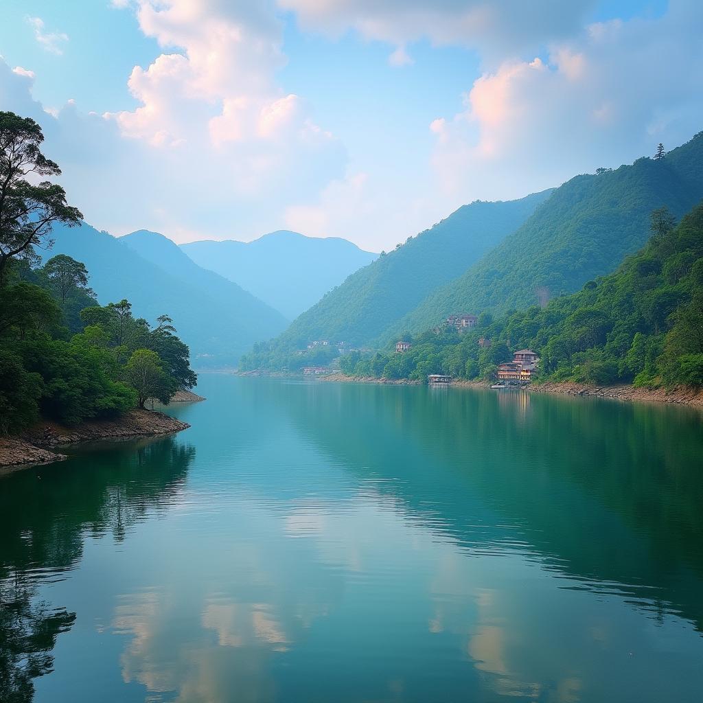 Naini Lake reflecting the surrounding hills and vibrant sky in Nainital, Uttarakhand