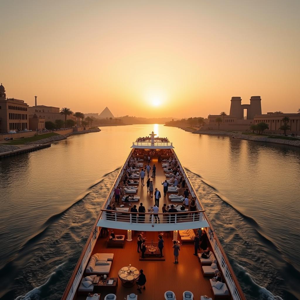 Luxurious Nile river cruise sailing past ancient Egyptian temples and monuments at sunset.