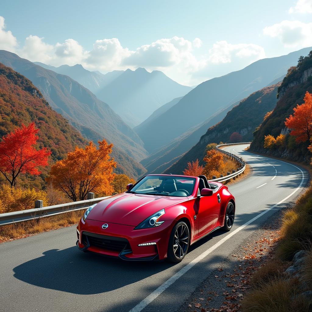 2018 Nissan 370Z Roadster Touring Sport driving on a scenic mountain road in Japan.