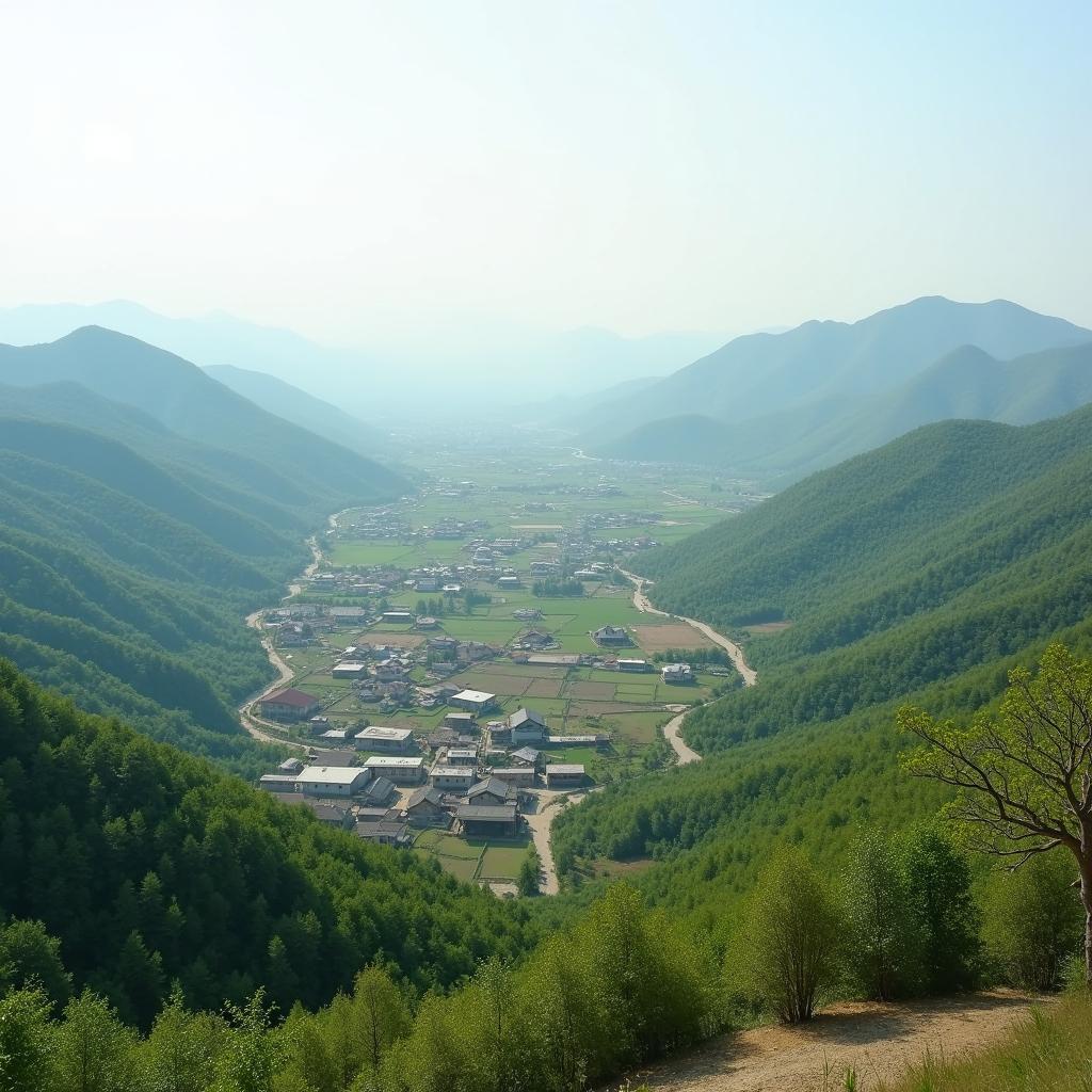 North Korean countryside with rolling hills and farmland