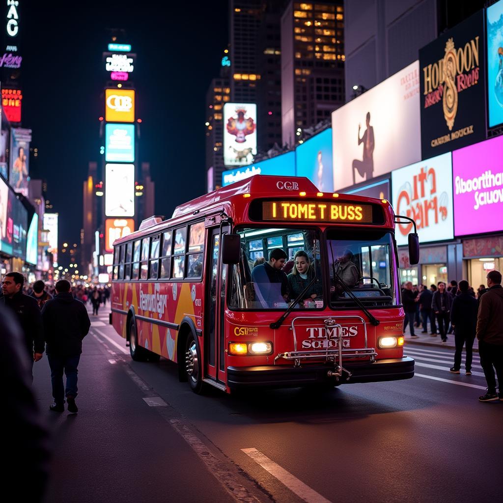 A vibrant scene of a city tour bus in Times Square