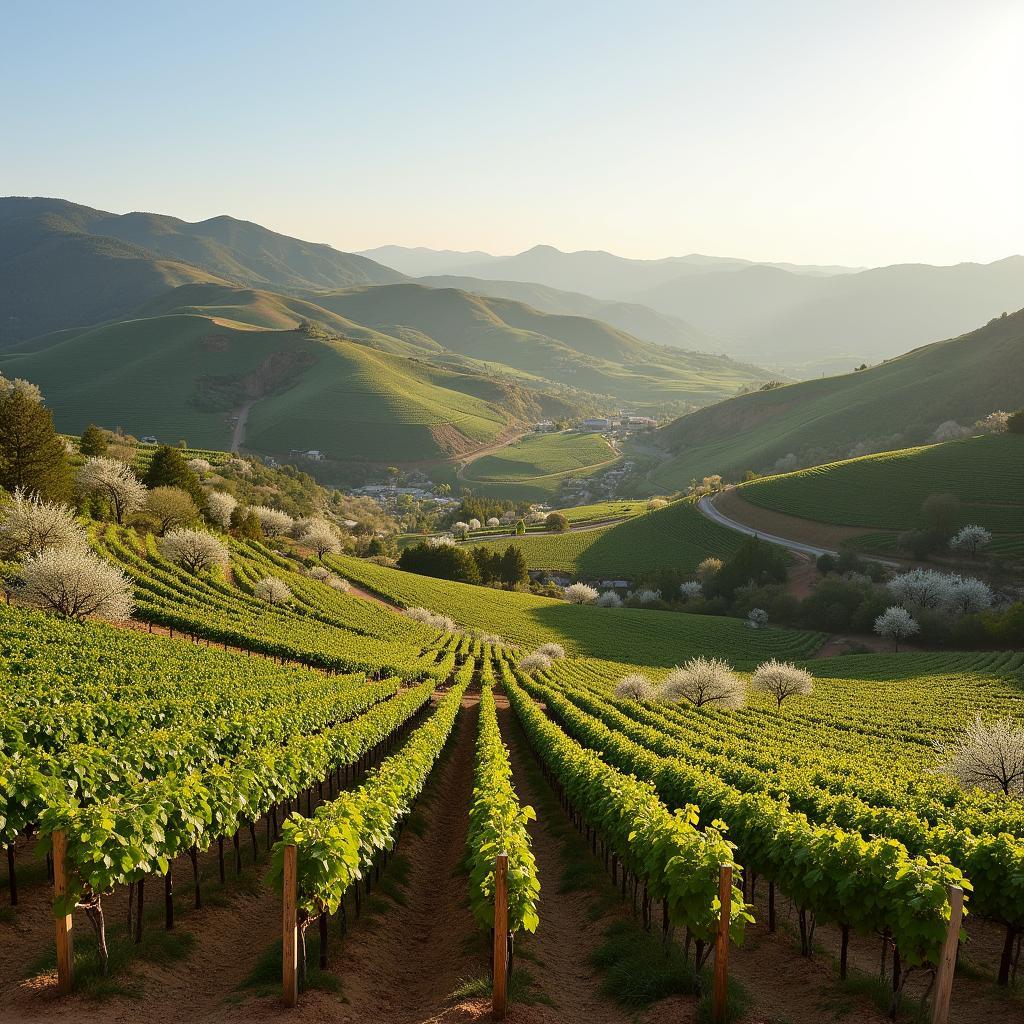 Panoramic view of Peachland vineyards with peach orchards in the background