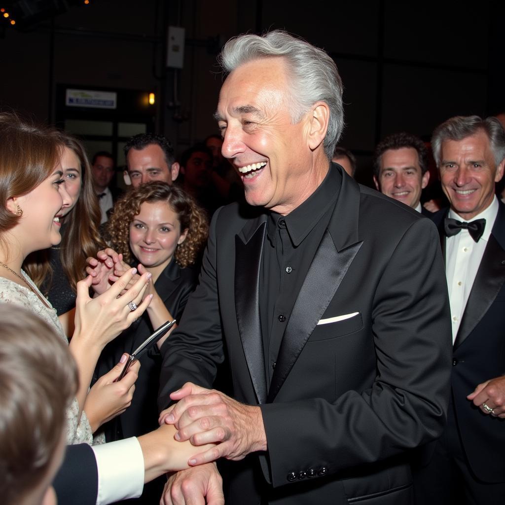 Perry Como meeting fans after a concert, showcasing his genuine warmth and connection with his audience.