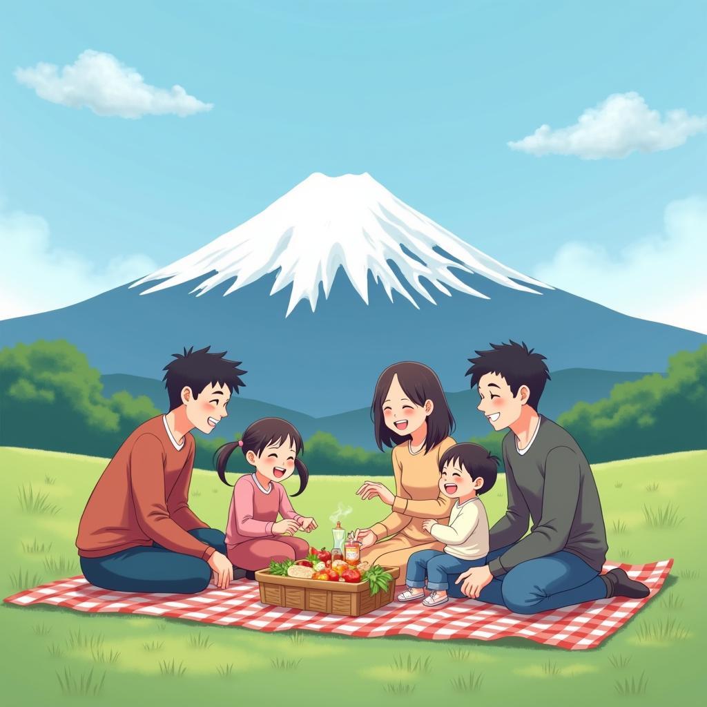 Enjoying a picnic with a view of Mount Fuji