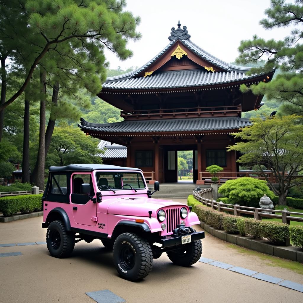 Pink Jeep Parked by Japanese Temple