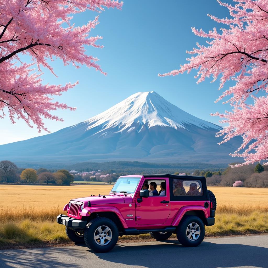 Pink Jeep Tour against Mount Fuji backdrop