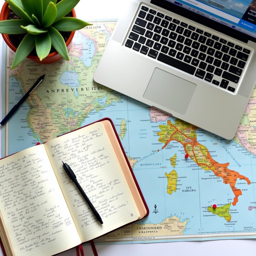 A map of Italy with highlighted regions and cities, alongside a travel journal and a laptop showing flight booking websites