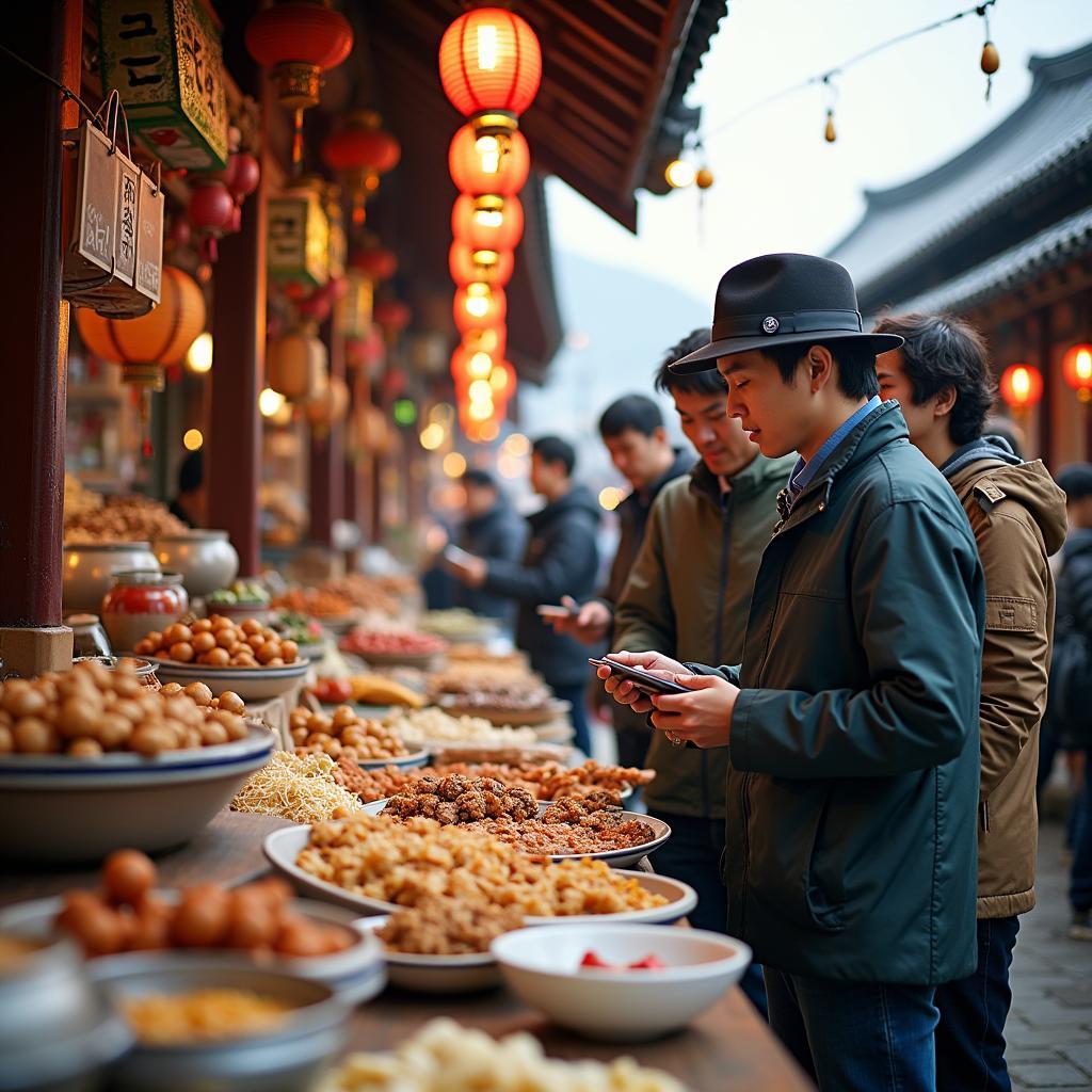 Private tour guide leading a group of travelers through a bustling Korean market