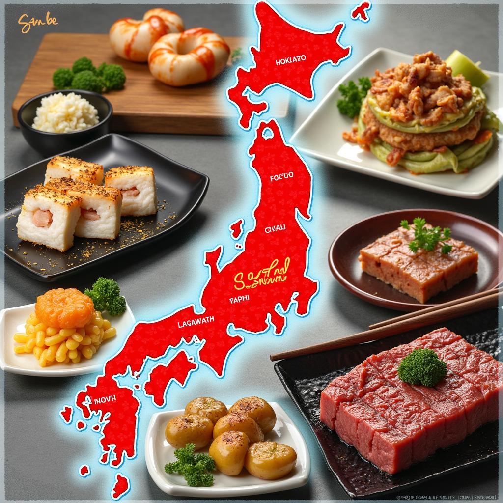 A collage showcasing regional Japanese dishes from Hokkaido, Kyoto, and Kobe.