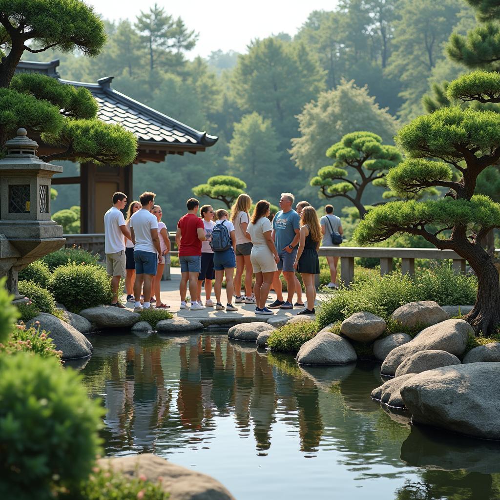 Russian tourists exploring a traditional Japanese garden