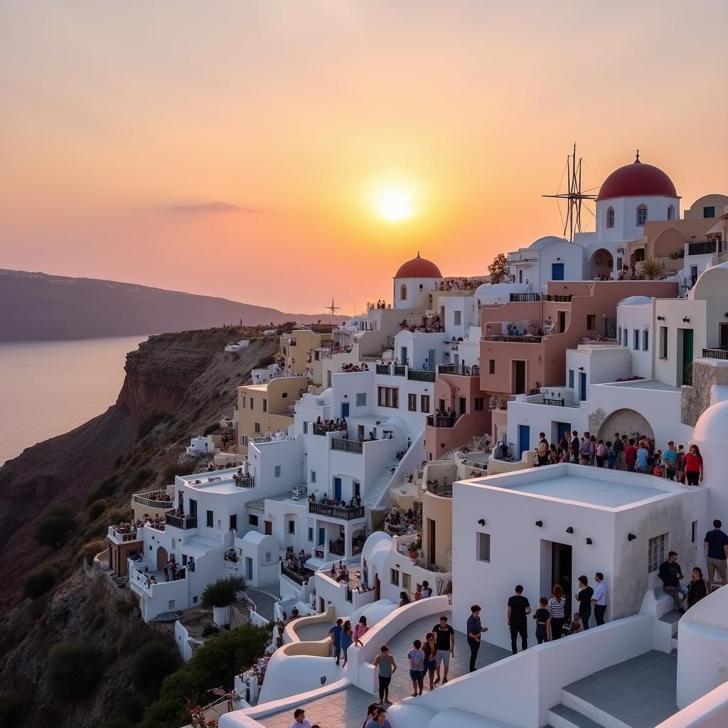 Santorini Oia village at sunset with tour groups enjoying the view