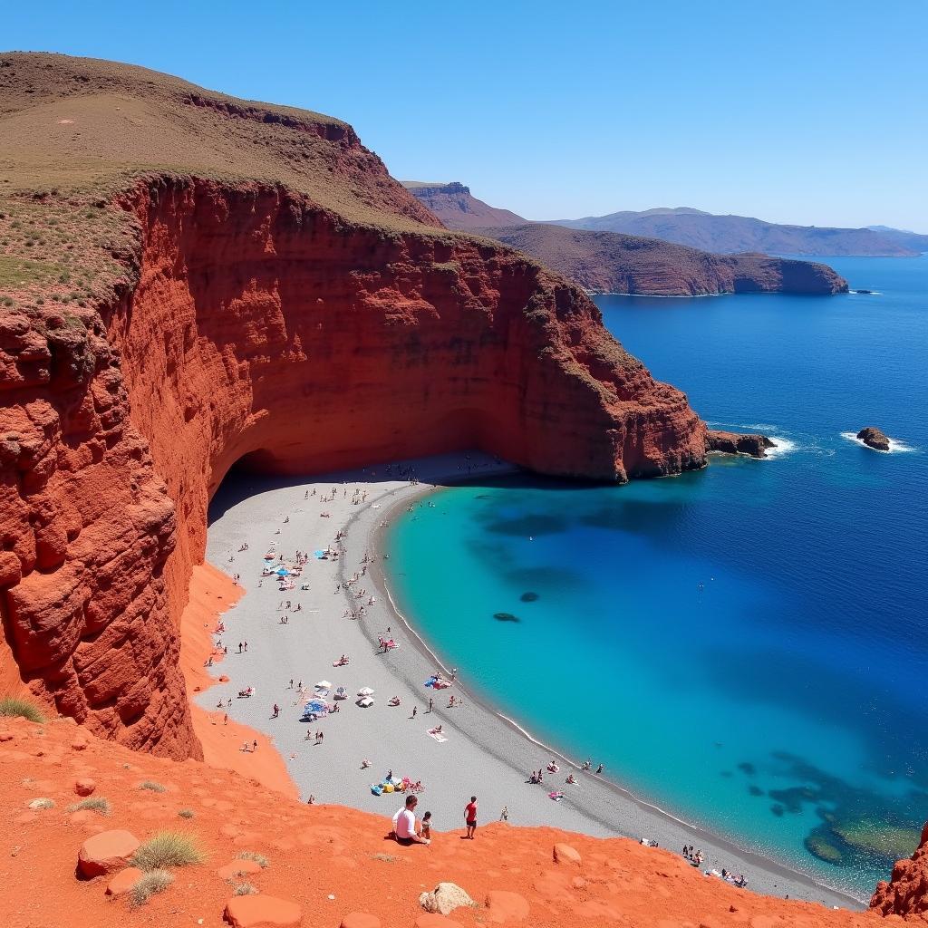 Santorini's Red Beach with its unique volcanic landscape and a tour group exploring the area