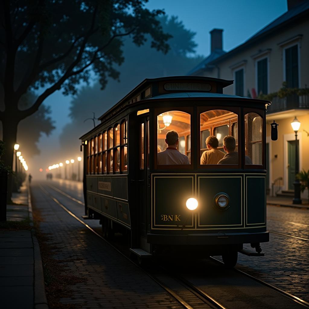 Savannah Ghost Tours Trolley at Night