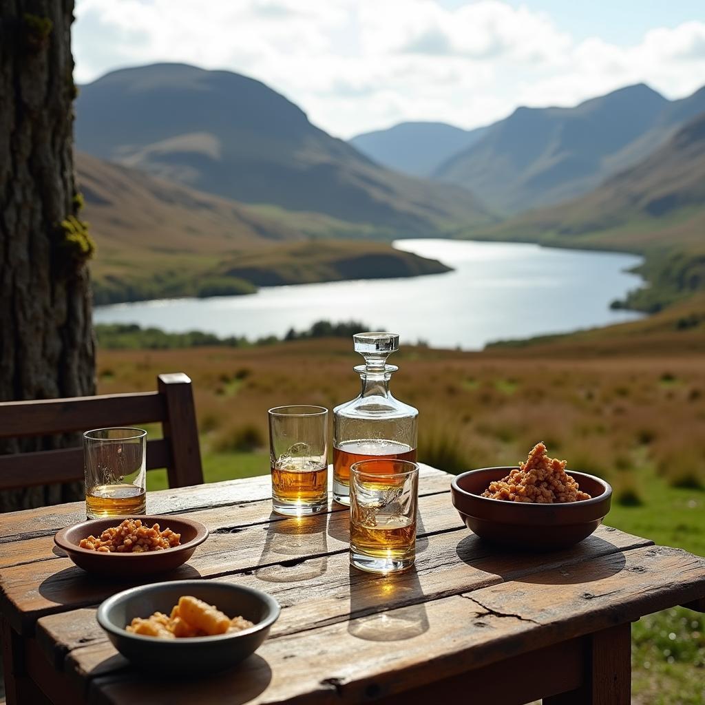 A table set up for a whisky tasting overlooking a scenic vista in the Scottish Highlands.