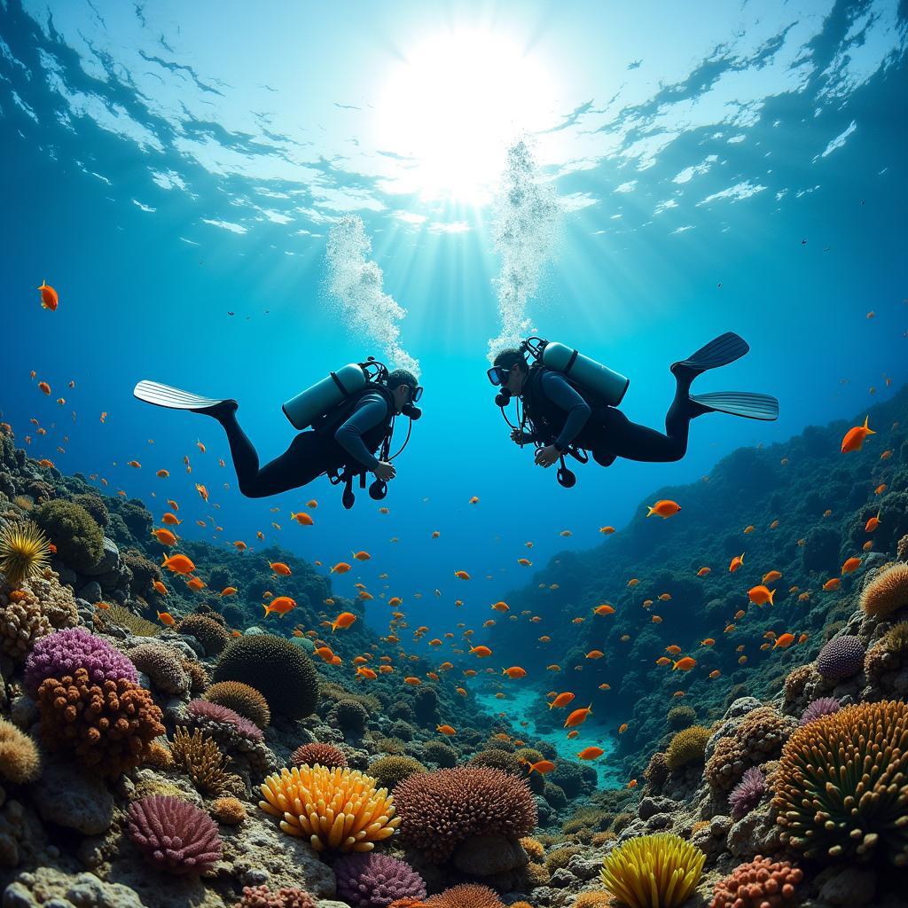 Scuba divers exploring coral reefs in the Kerama Islands, Japan