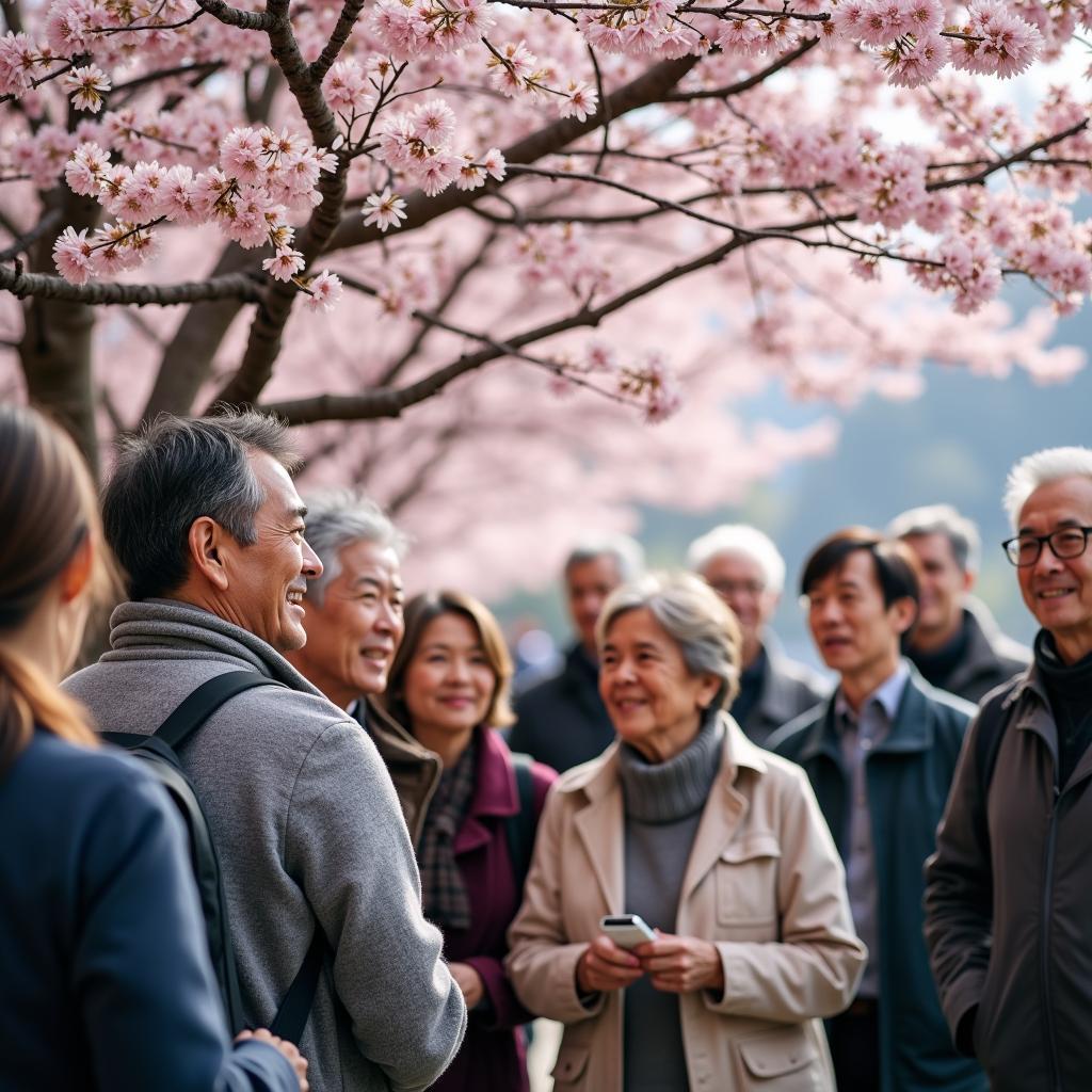 Senior citizens enjoying the cherry blossoms in Japan during a guided tour.