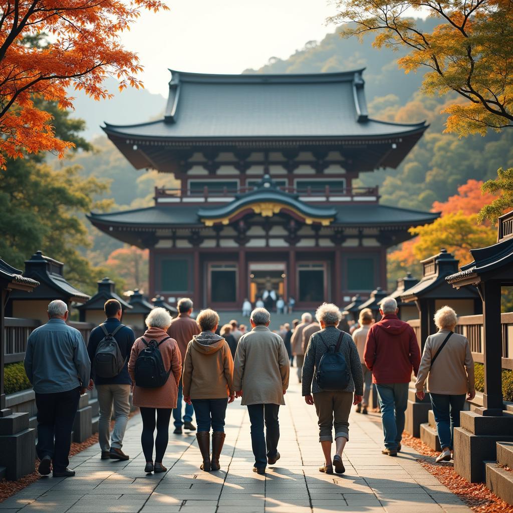 Senior Group Visiting a Traditional Japanese Temple