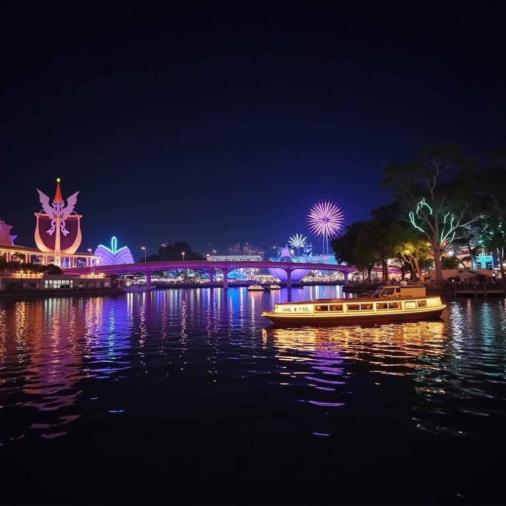 A vibrant night view of Sentosa Island with illuminated attractions.