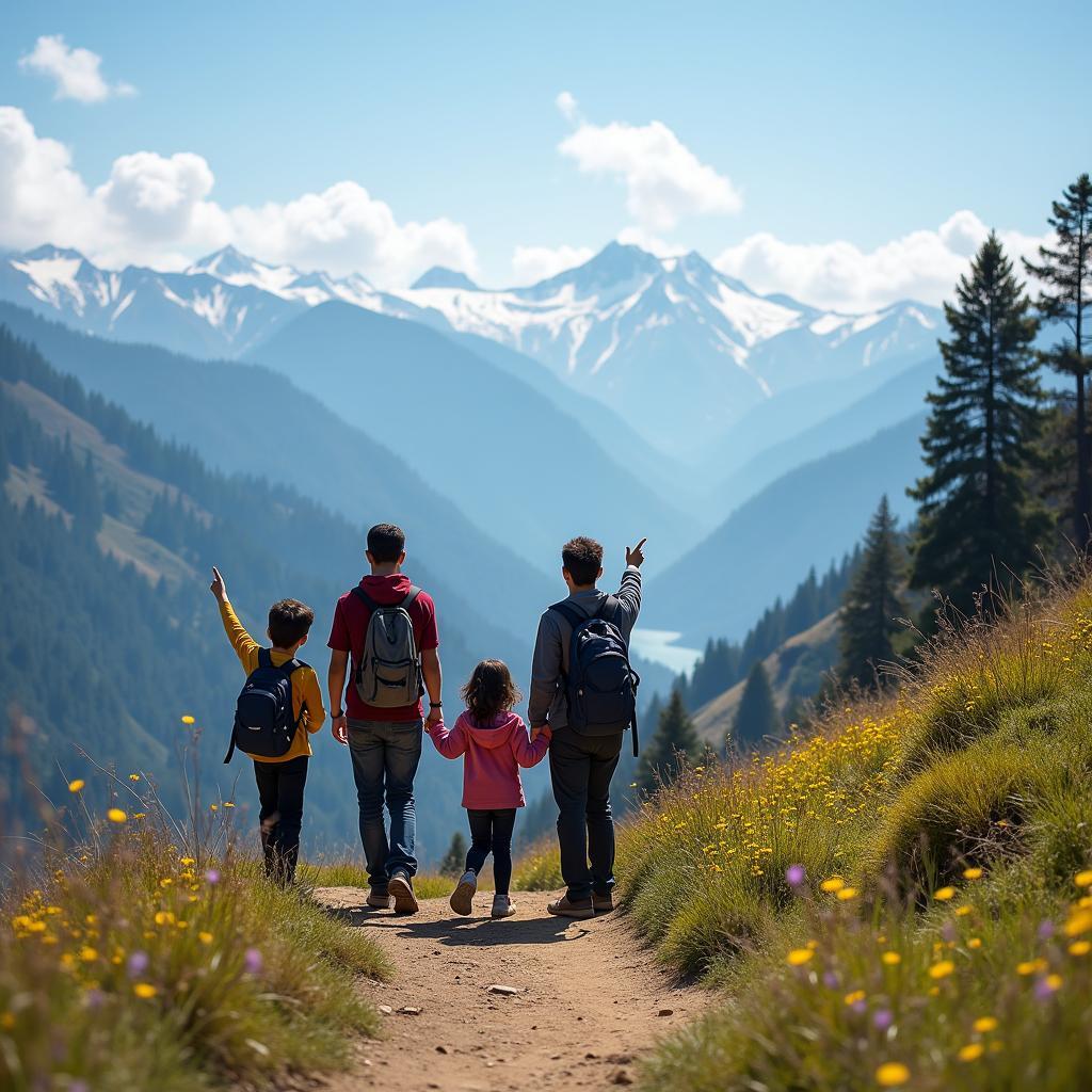 Family hiking in the mountains near Shimla