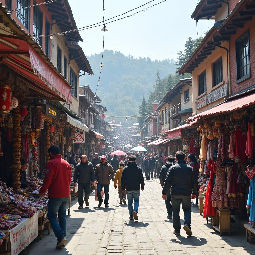 The vibrant and bustling Mall Road in Shimla, filled with shops and tourists.