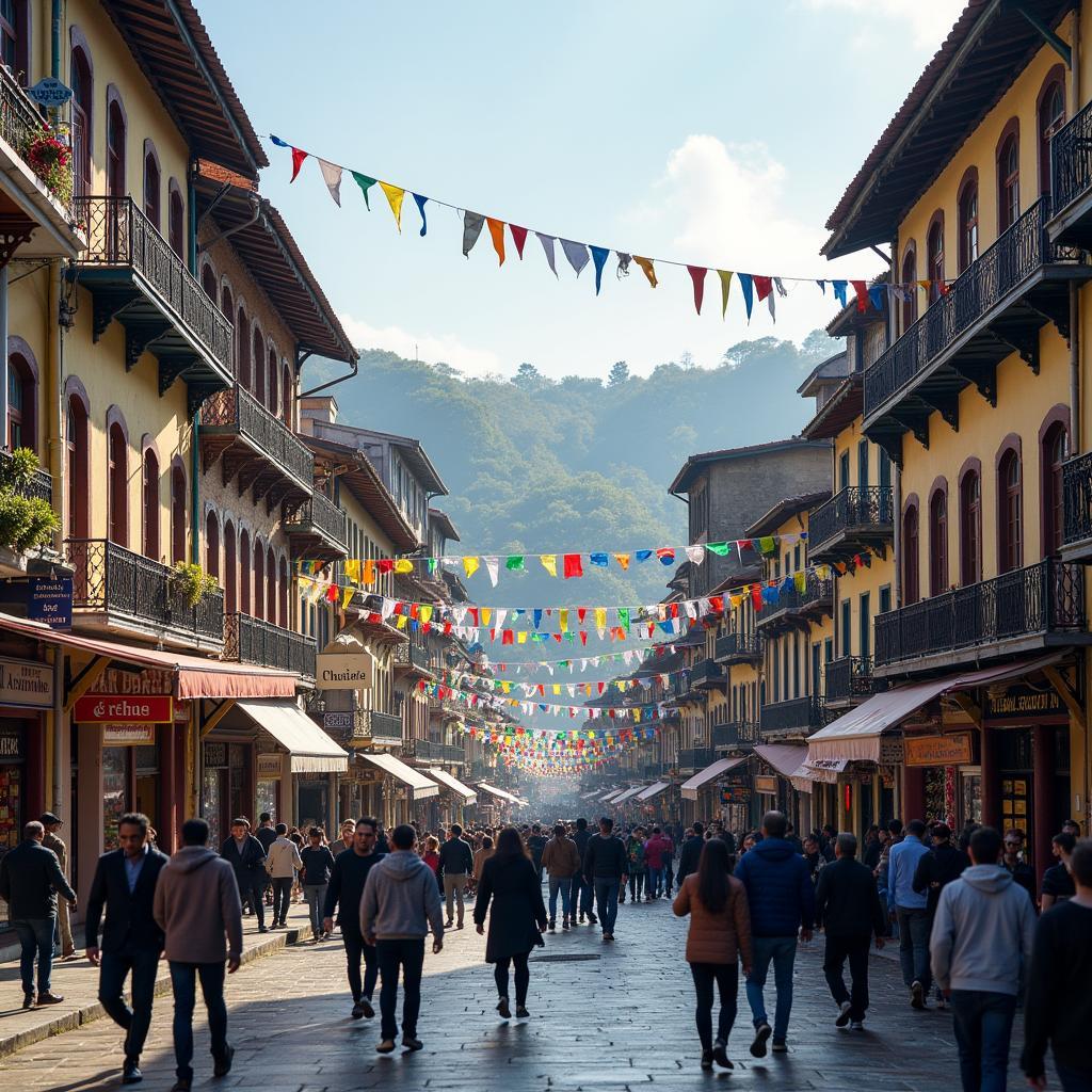 A bustling scene of the Mall Road in Shimla, with people walking, shopping, and enjoying the atmosphere.