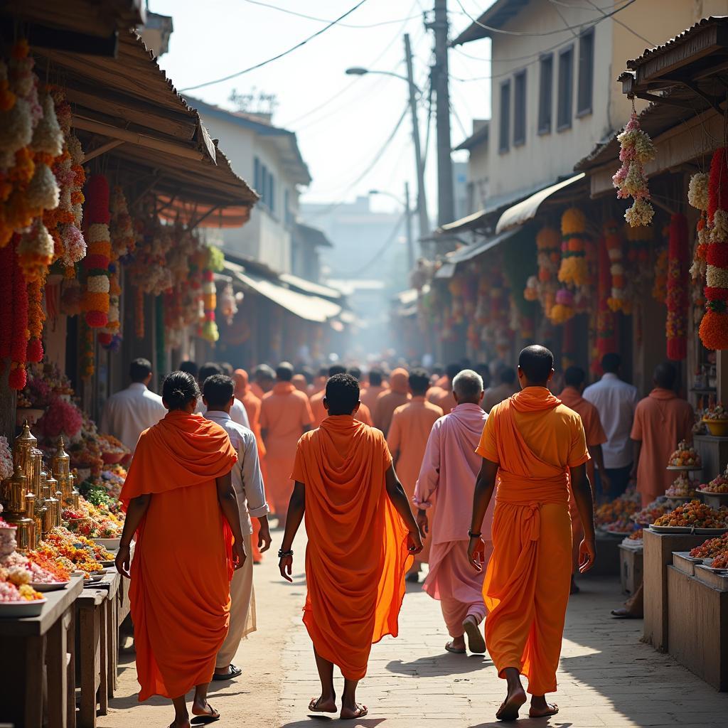 Street view of Shirdi town with shops and devotees.