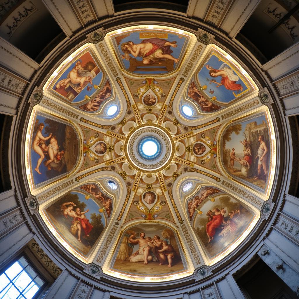 Sistine Chapel ceiling 360 degree panoramic view showcasing Michelangelo's frescoes.