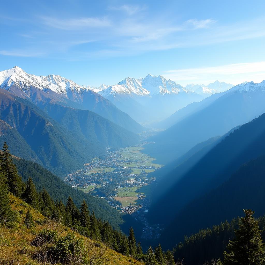 Panoramic view of the majestic Himalayas in South Sikkim, showcasing lush green valleys and snow-capped peaks.