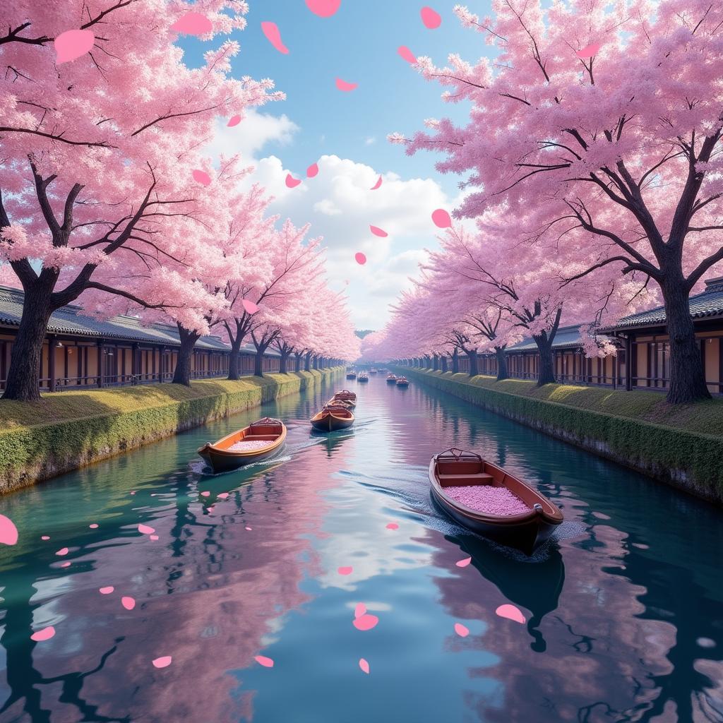 Cherry blossom season in Japan during spring, showcasing vibrant pink blossoms on trees lining a canal with traditional boats.