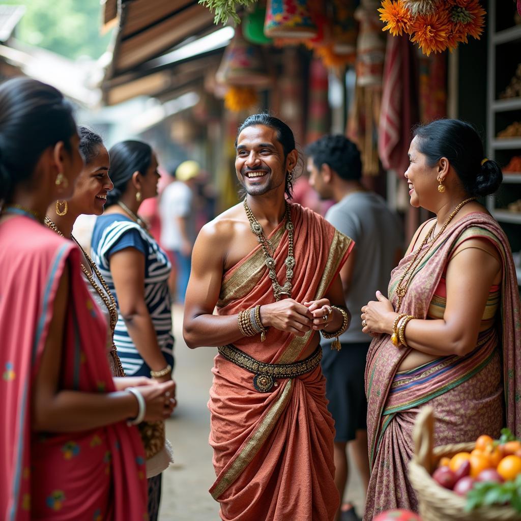 A Sri Lankan tour guide explains local customs to a group of tourists in a vibrant market.