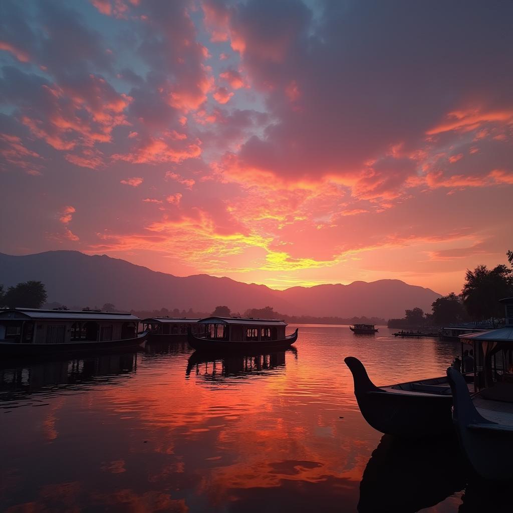 Sunset on Dal Lake with Houseboats in Srinagar