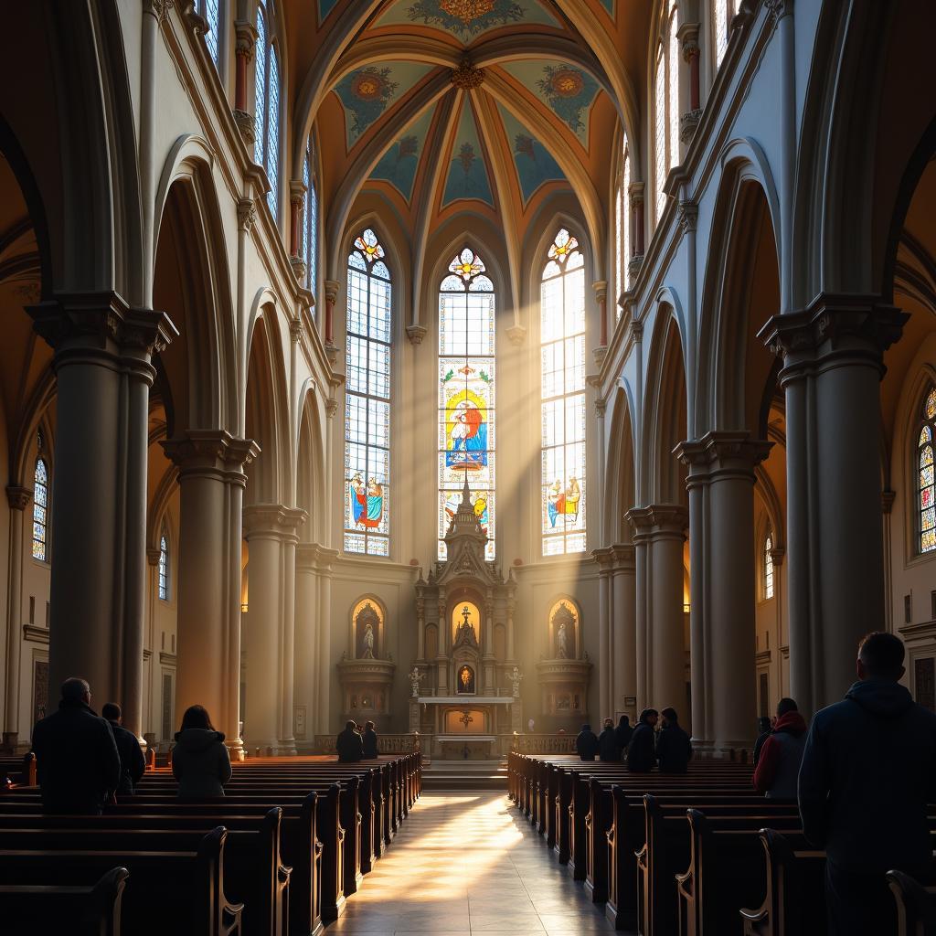 The interior of St. Peter's Basilica illuminated by the soft glow of morning light.