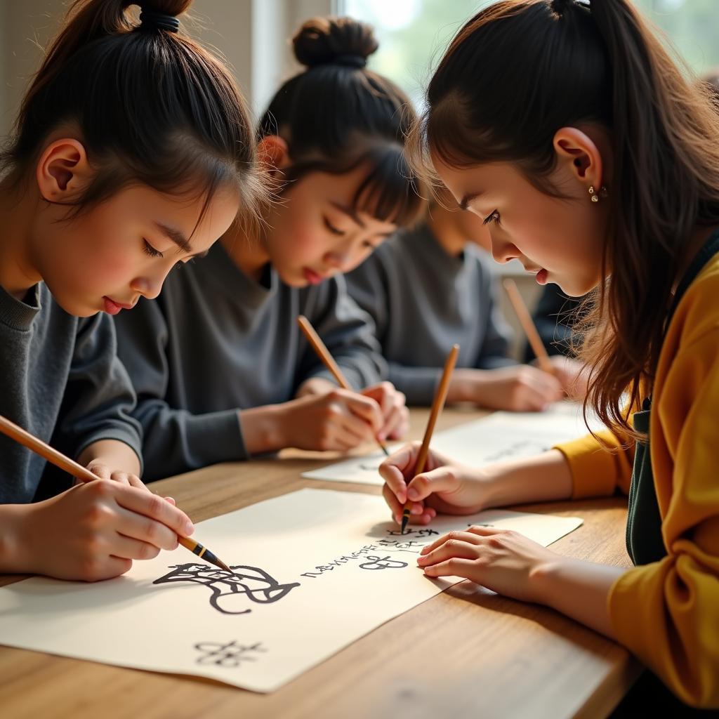 Students participating in a Japanese calligraphy workshop