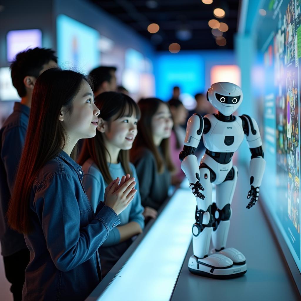 Students exploring robotics at a Japanese technology museum