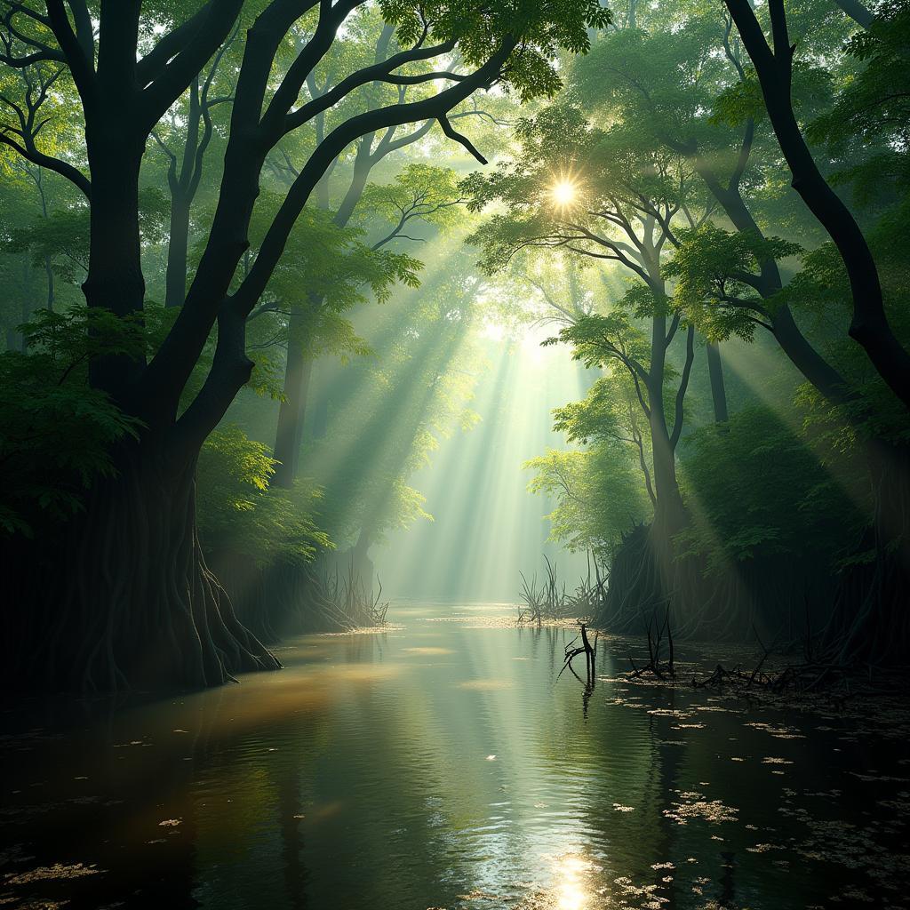 Sundarban Mangrove Forest: A tranquil scene of the dense Sundarban mangrove forest, with sunlight filtering through the trees.