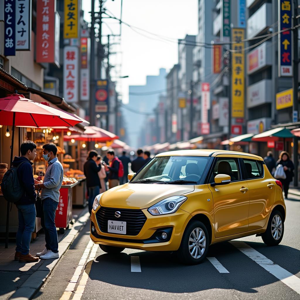 Enjoying delicious street food in Tokyo during a Swift Dzire tour.