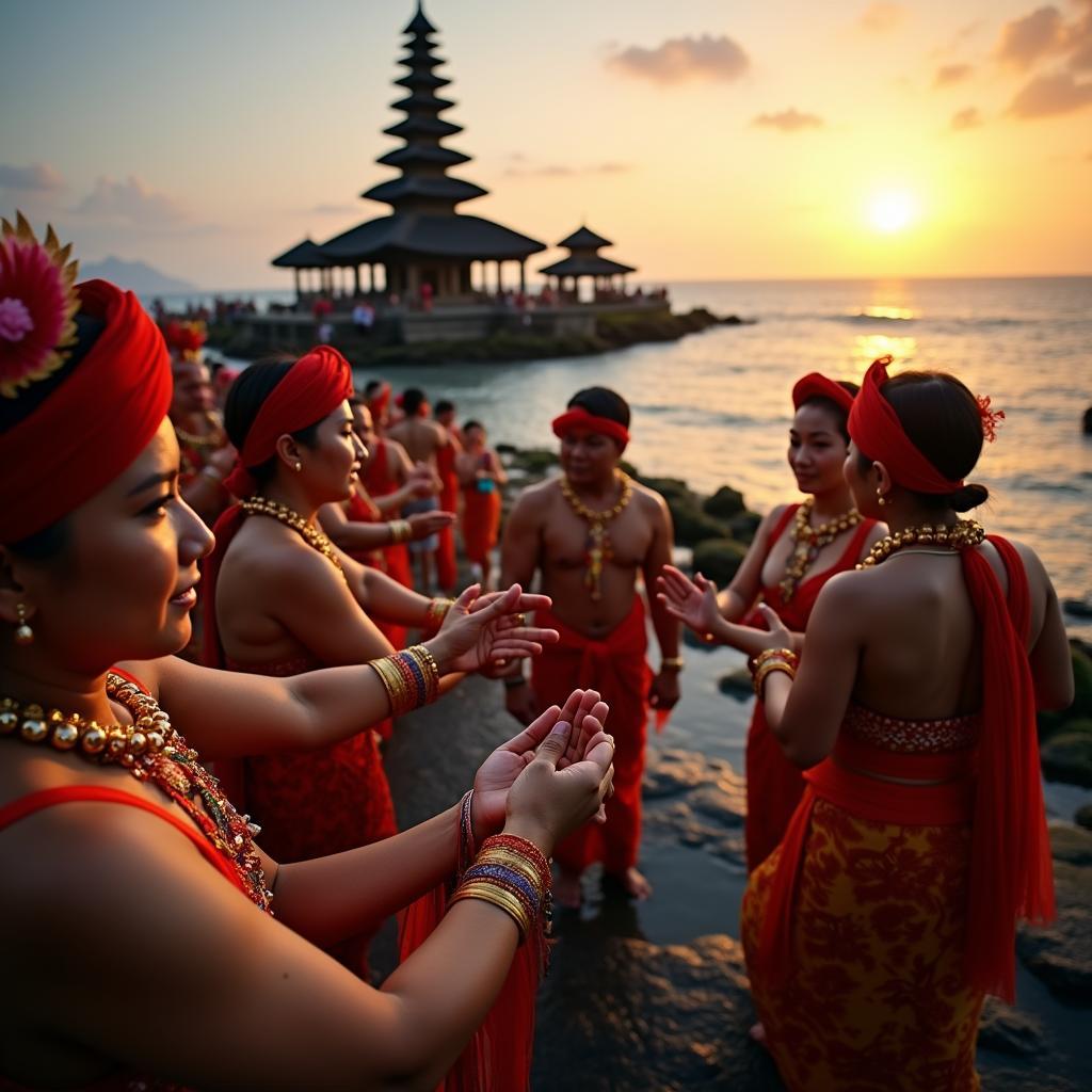 Balinese ceremony taking place at Tanah Lot Temple during sunset