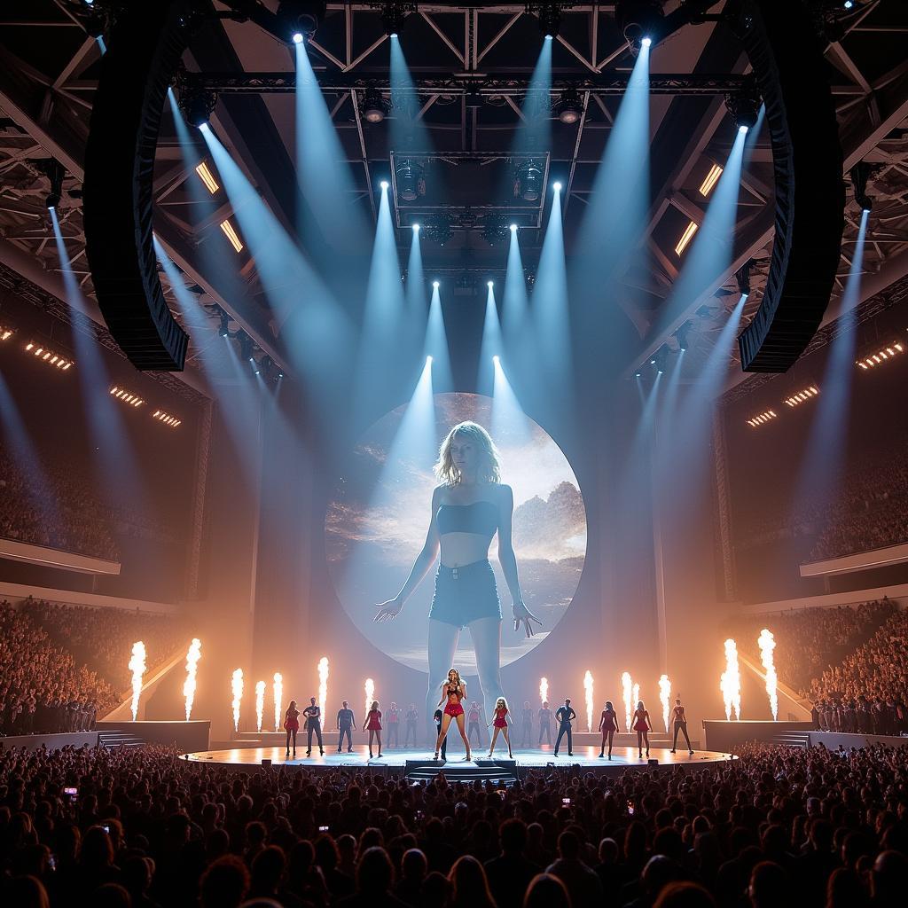 Taylor Swift performing on the Reputation Stadium Tour stage