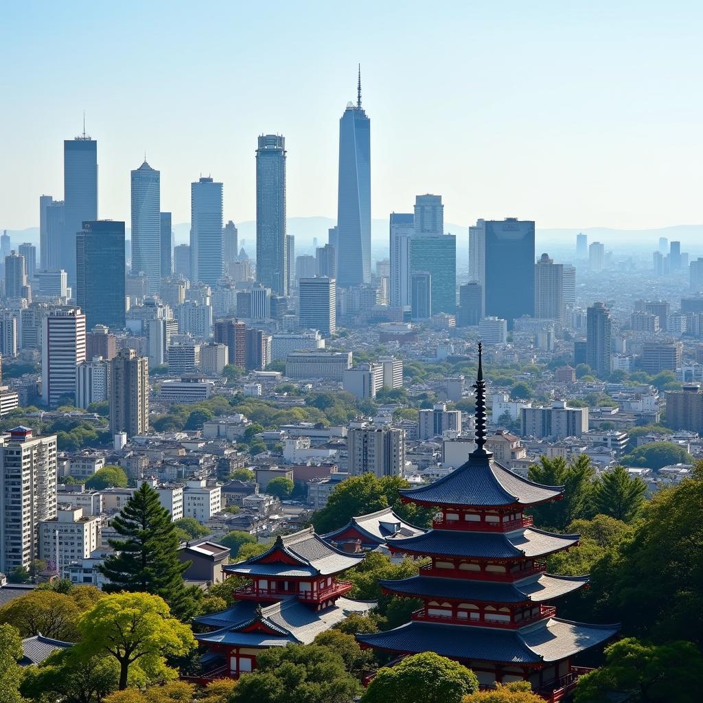 Tokyo cityscape with modern skyscrapers and traditional Japanese architecture.