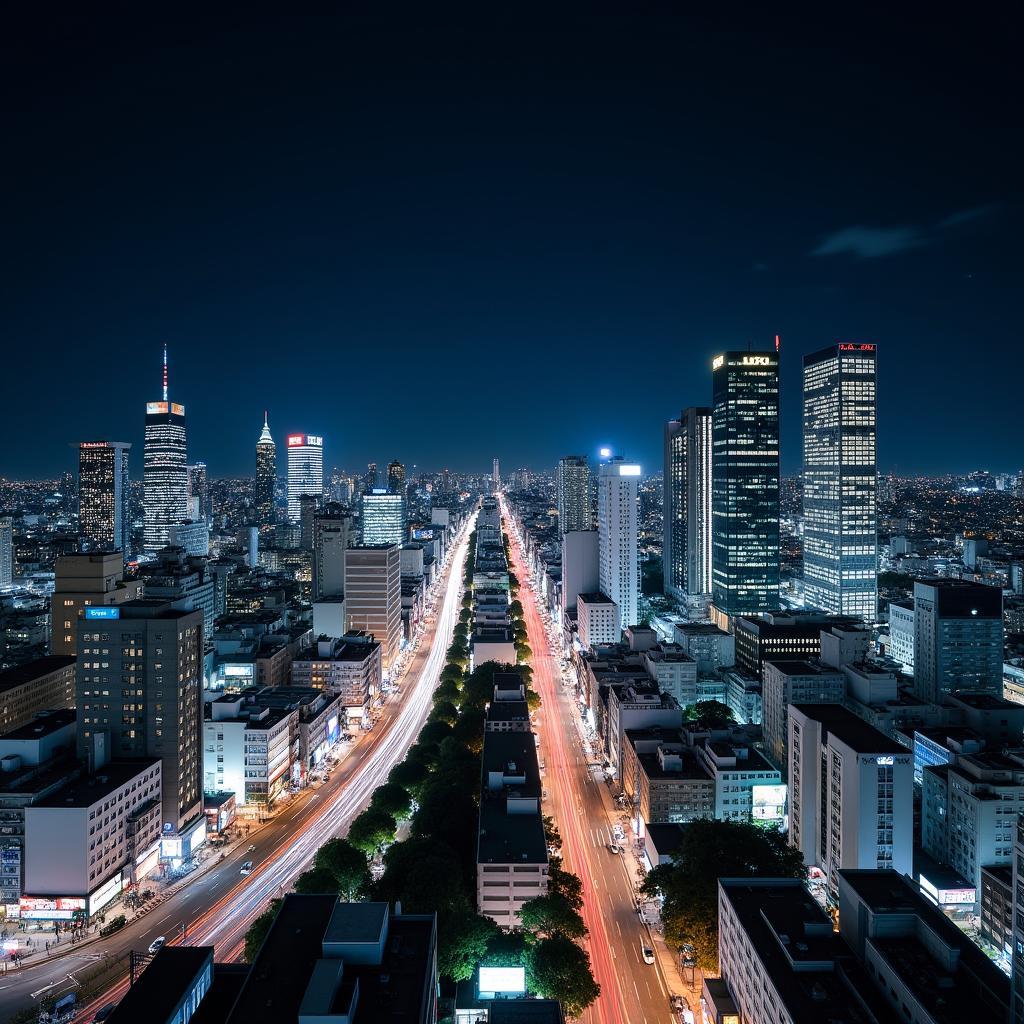 Vibrant Tokyo Night Skyline: Gaze upon the dazzling Tokyo skyline from the iconic Shibuya crossing, a symbol of modern Japan.