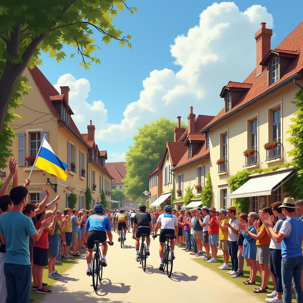 Spectators cheering on cyclists in a quaint French village during the Tour de France.