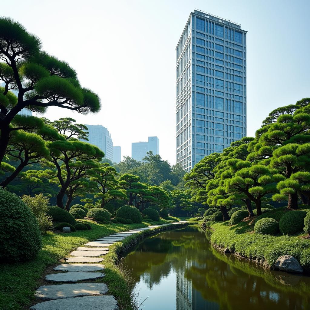 Traditional Japanese garden near a modern office building, showcasing the blend of old and new in Japan.