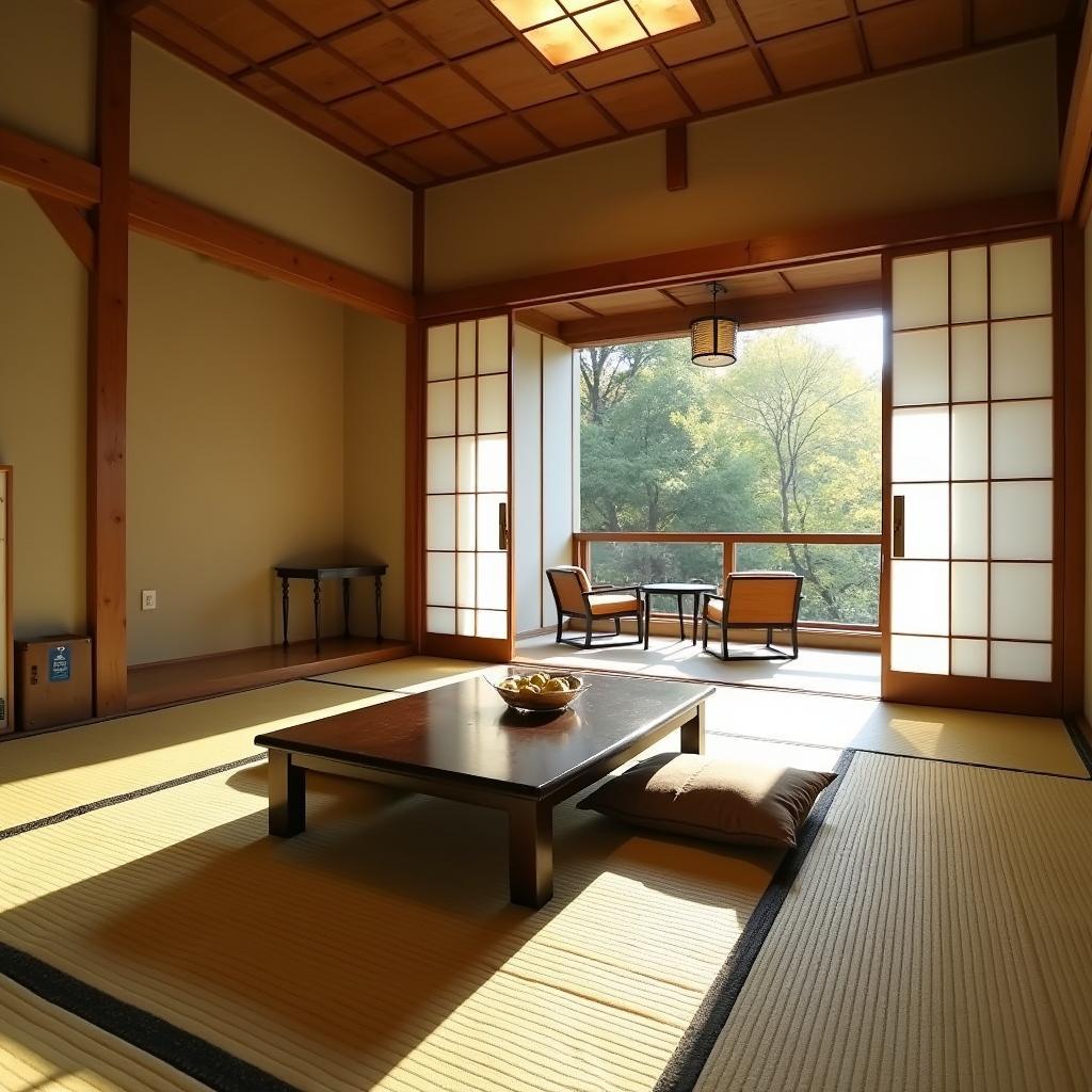 A serene and minimalist traditional Japanese ryokan room, featuring tatami mats, sliding doors, and a low table.