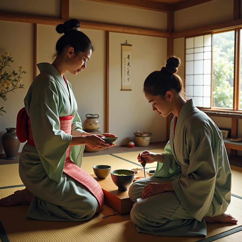 A traditional Japanese tea ceremony taking place in a serene Kyoto setting, highlighting the cultural significance and intricate rituals involved.